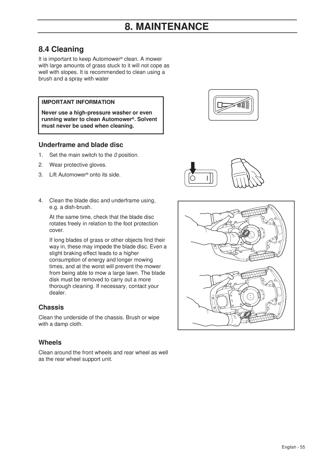 Husqvarna 305 manual Cleaning, Underframe and blade disc, Chassis, Wheels 
