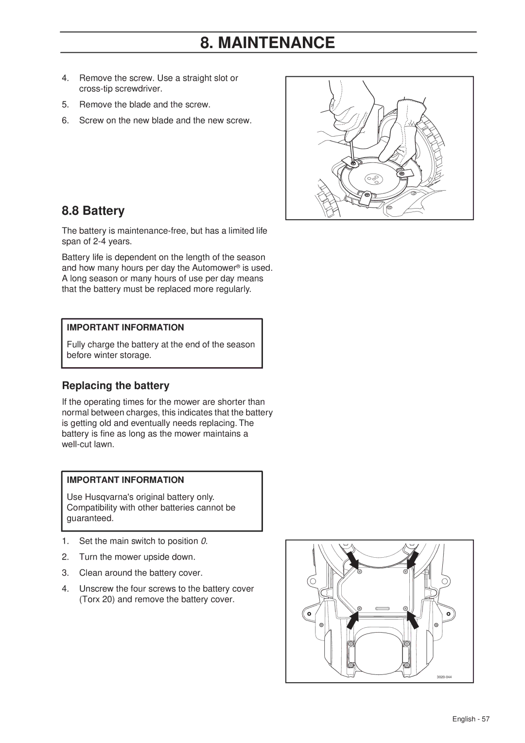 Husqvarna 305 manual Battery, Replacing the battery 