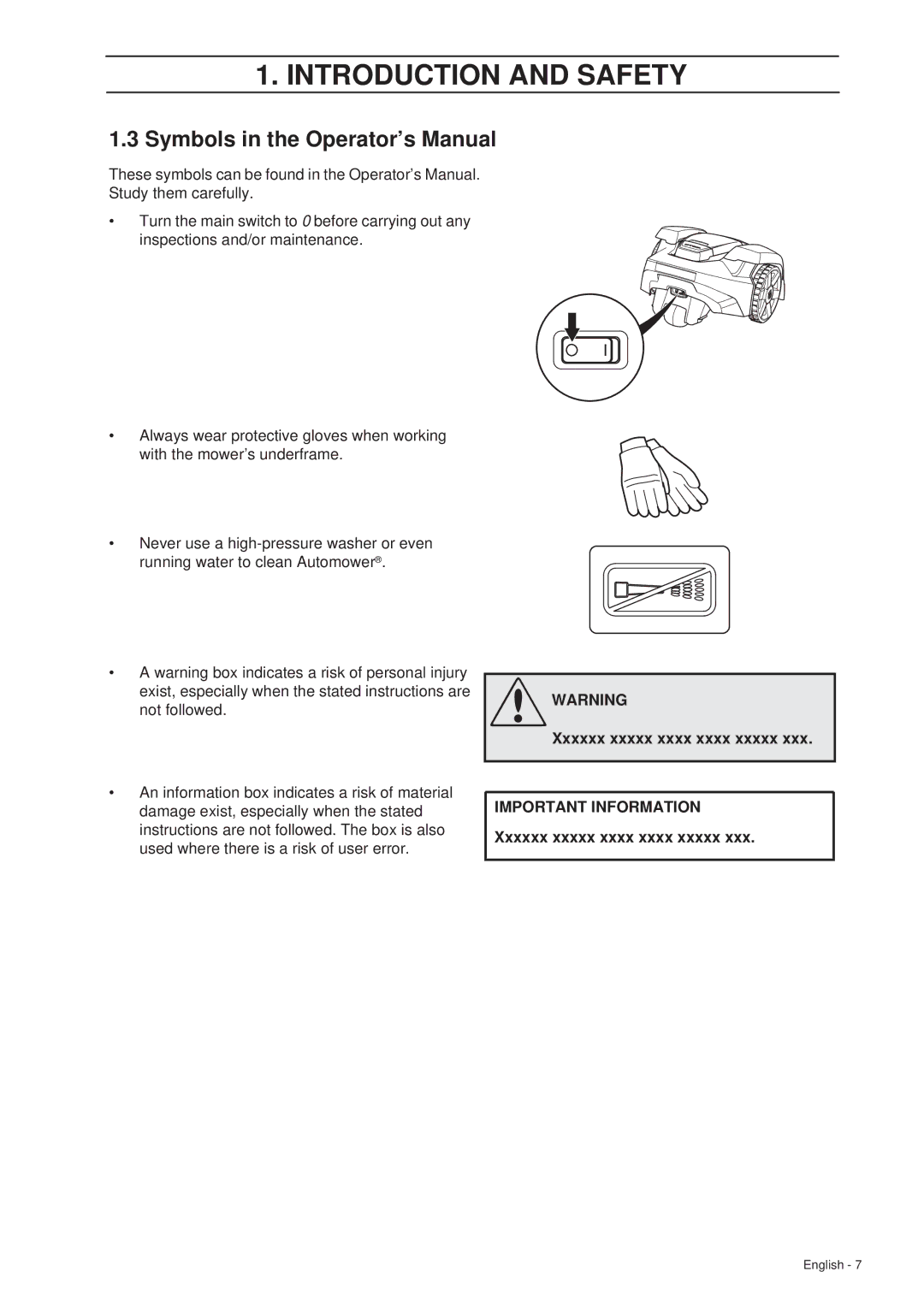 Husqvarna 305 manual Symbols in the Operator’s Manual, Xxxxxx xxxxx xxxx xxxx xxxxx 