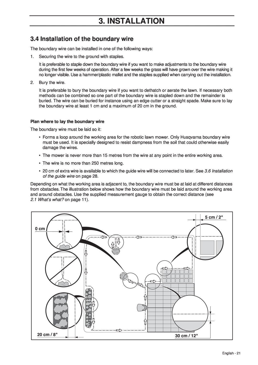 Husqvarna 305 manual 3.4Installation of the boundary wire, Plan where to lay the boundary wire 