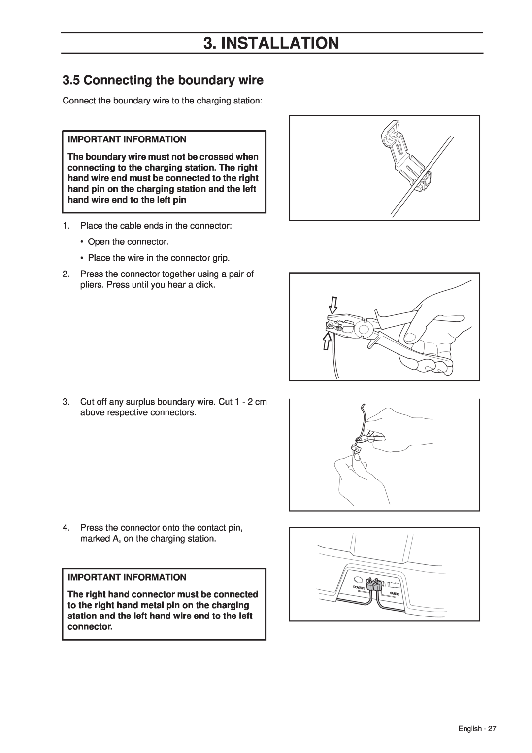 Husqvarna 305 manual 3.5Connecting the boundary wire, Installation, Important Information 