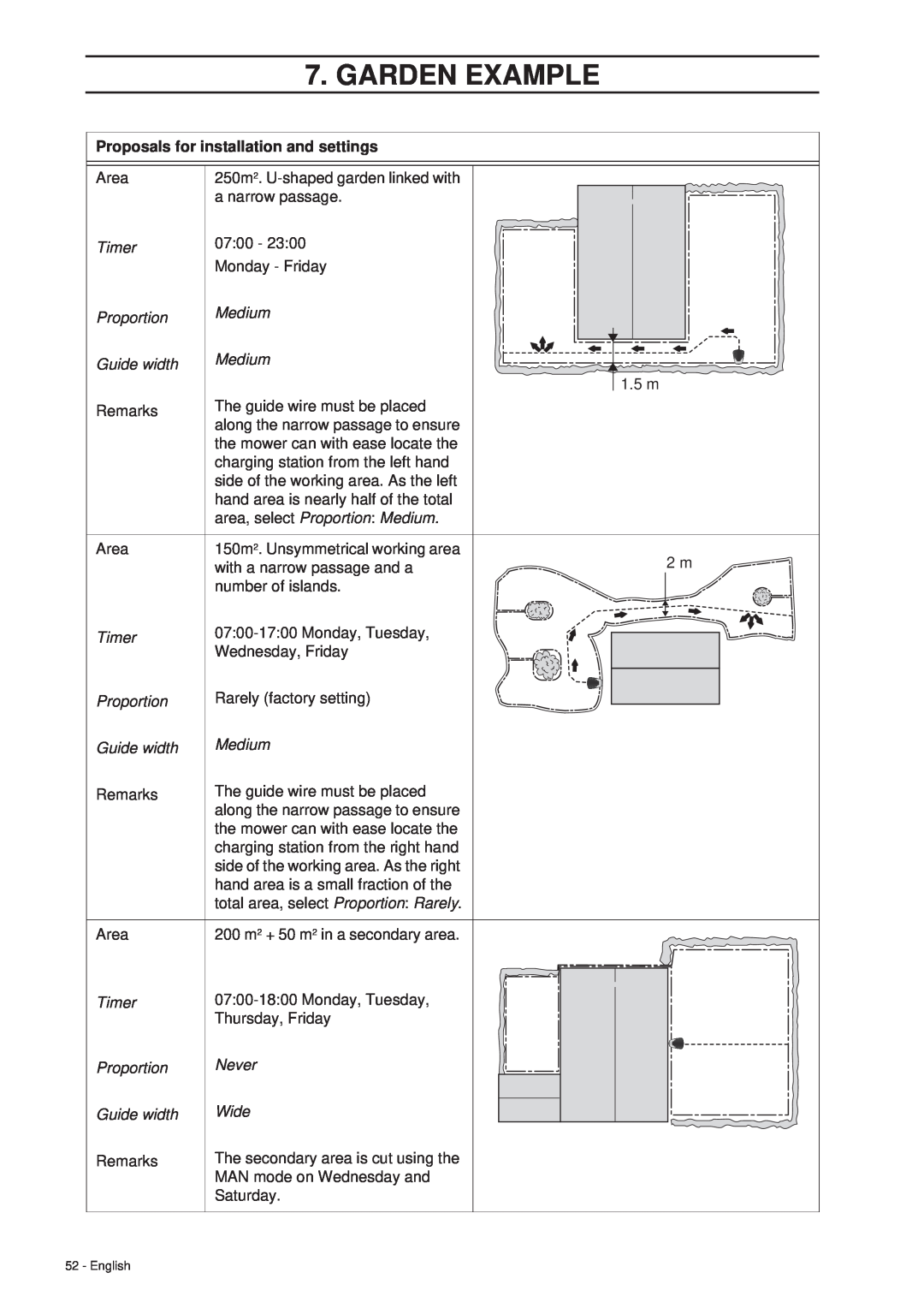 Husqvarna 305 manual Garden Example, Proposals for installation and settings, Area 