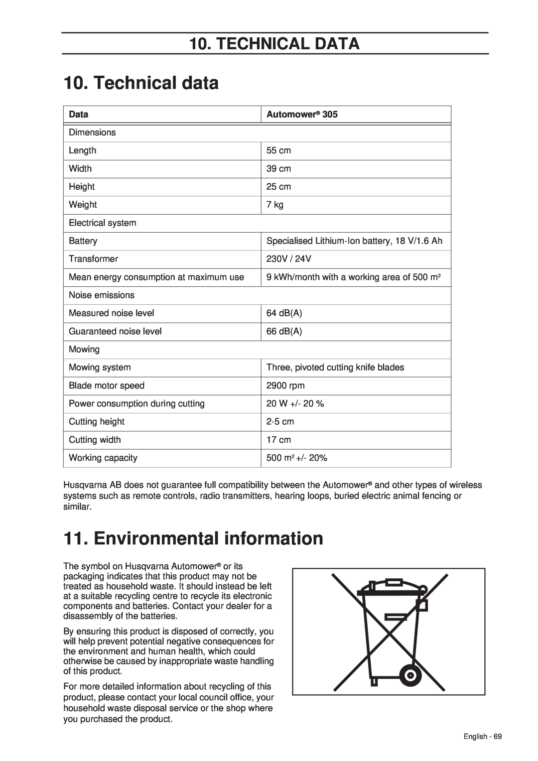 Husqvarna 305 manual Technical data, Environmental information, Technical Data, Automower 