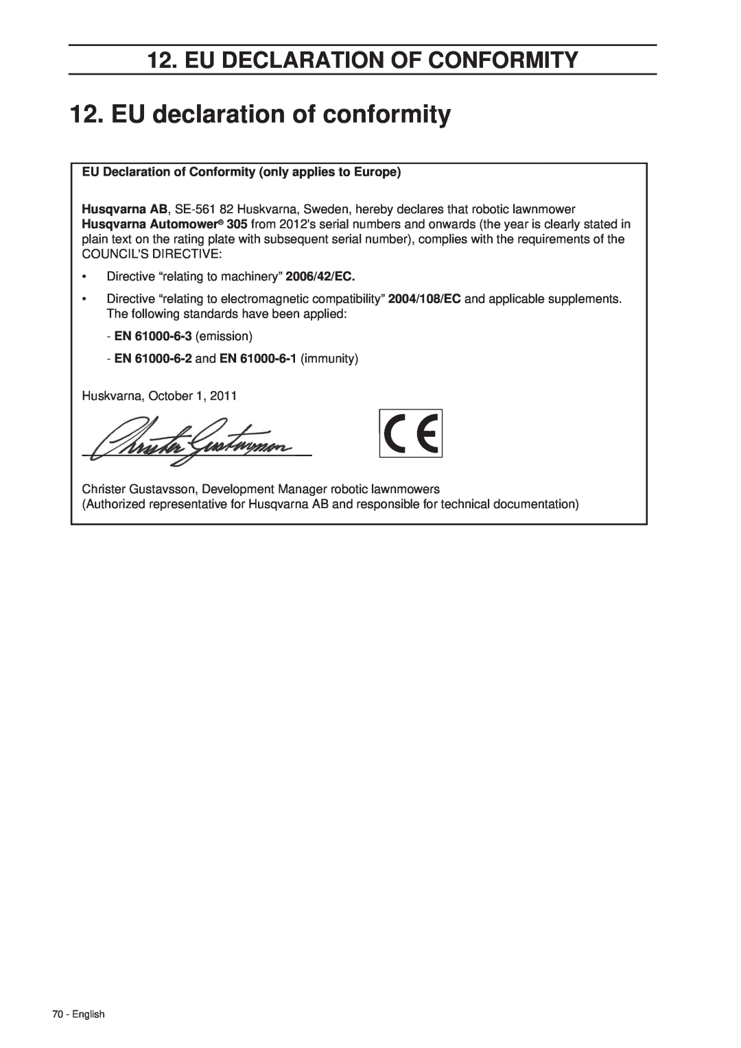 Husqvarna 305 manual EU declaration of conformity, Eu Declaration Of Conformity, EN 61000-6-3 emission 