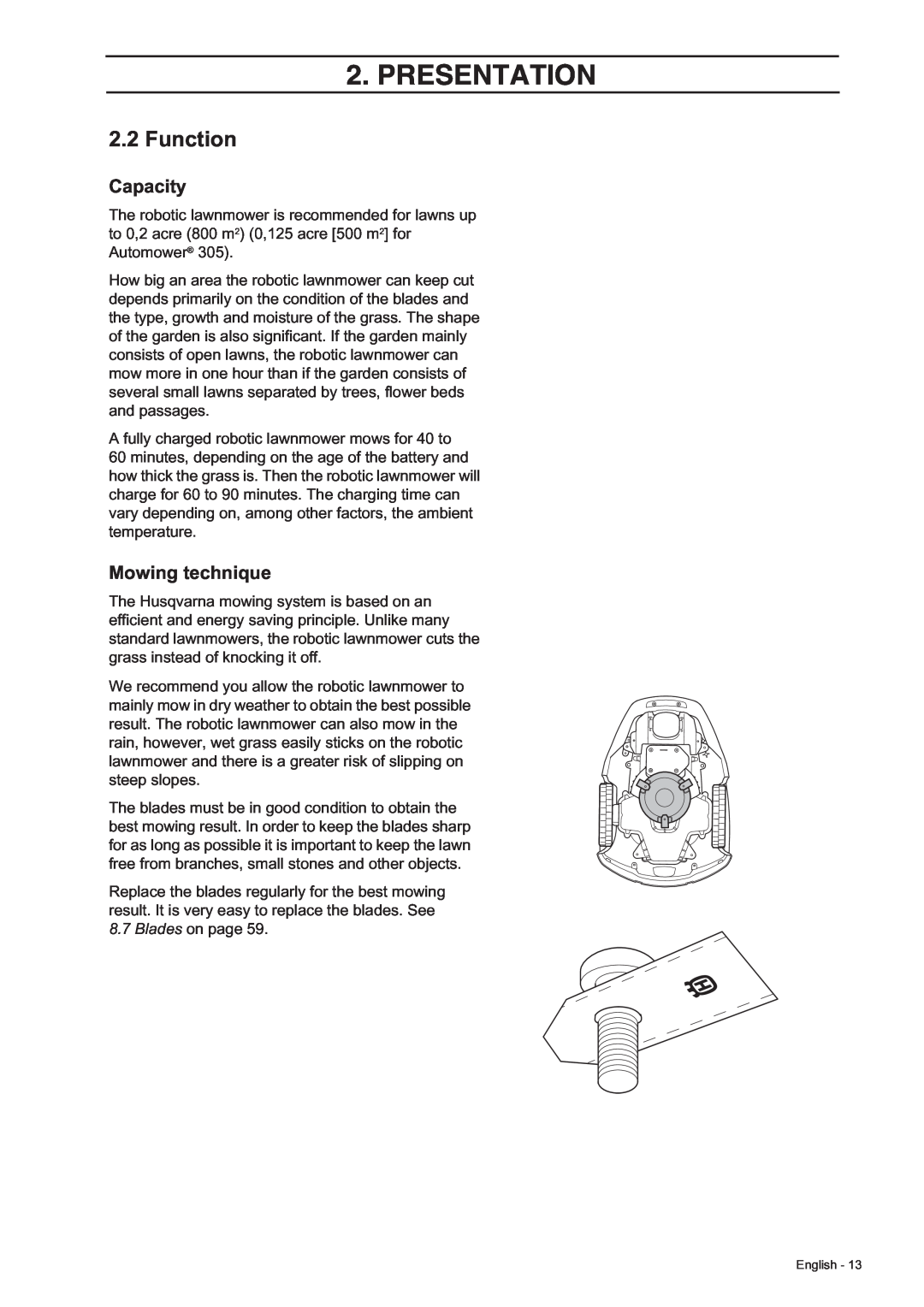 Husqvarna 305, 308 manual Function, Capacity, Mowing technique, Presentation 