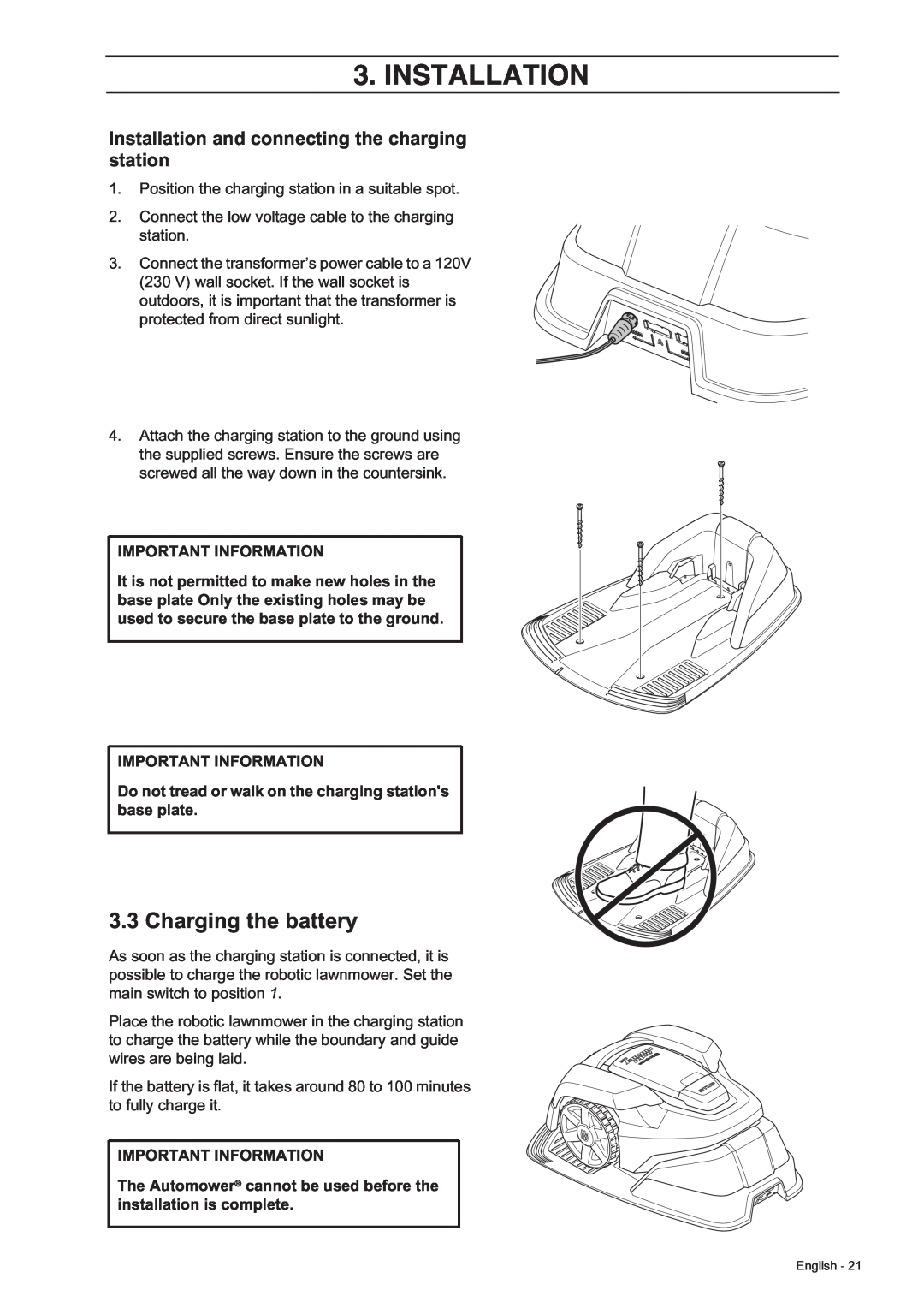 Husqvarna 305, 308 manual Charging the battery, Installation and connecting the charging station, Important Information 