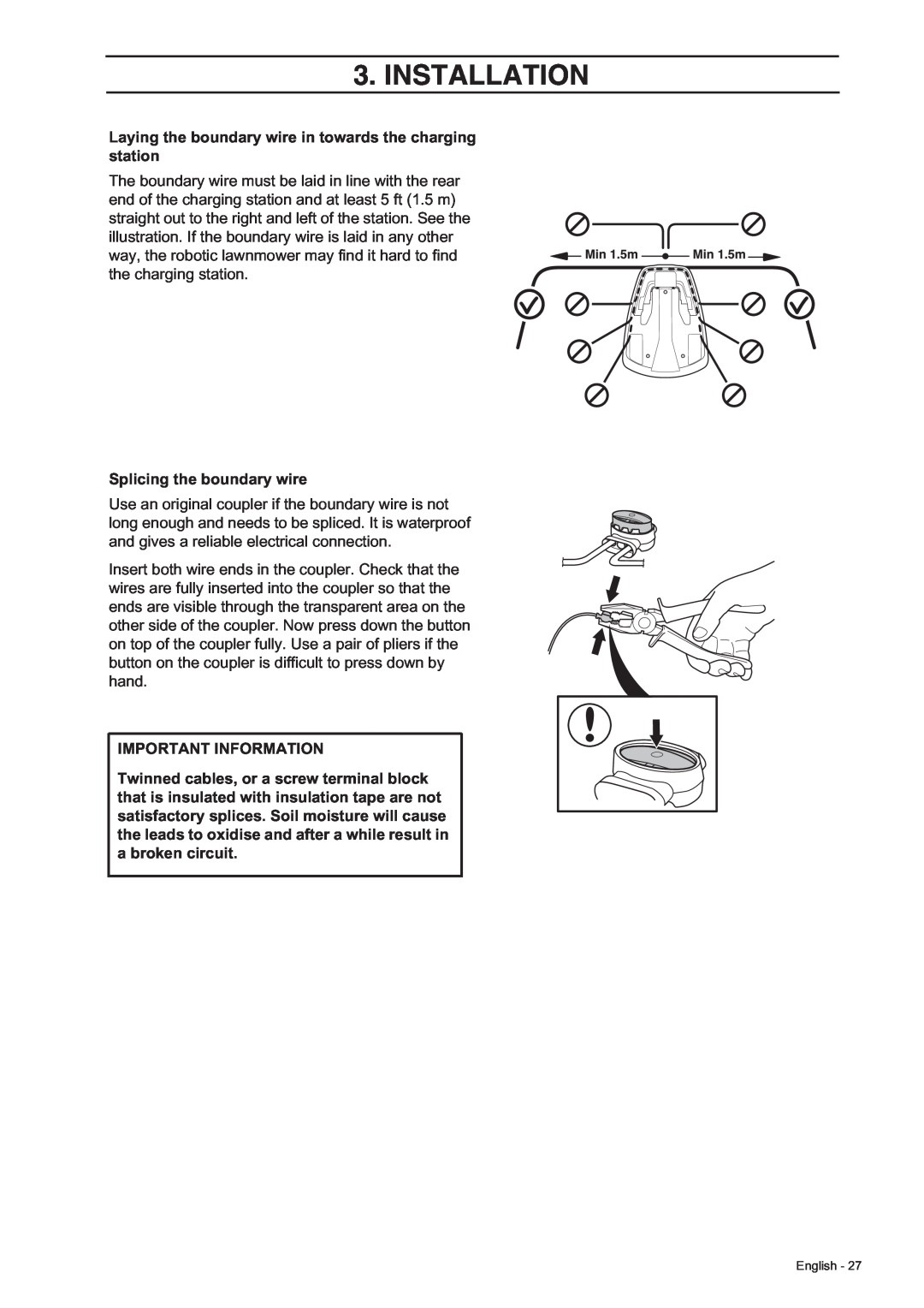 Husqvarna 305, 308 manual Laying the boundary wire in towards the charging station, Splicing the boundary wire, Installation 