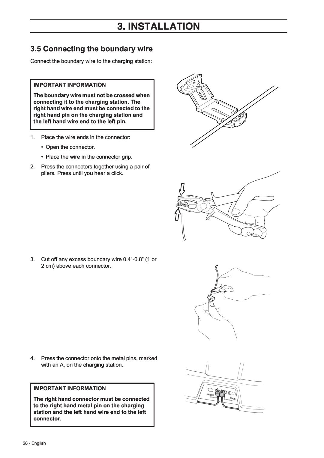 Husqvarna 308, 305 manual Connecting the boundary wire, Installation, Important Information 