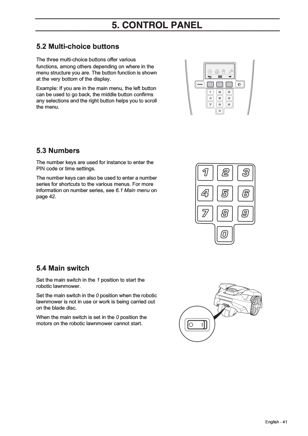 Husqvarna 305, 308 manual Multi-choice buttons, Numbers, Main switch, Control Panel 