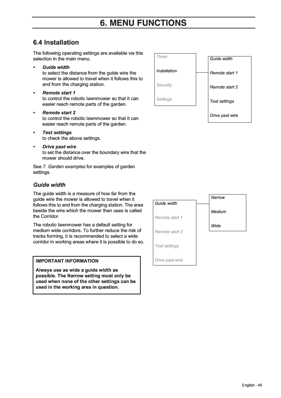 Husqvarna 305, 308 manual Installation, Guide width, Remote start, Test settings, Drive past wire, Menu Functions 