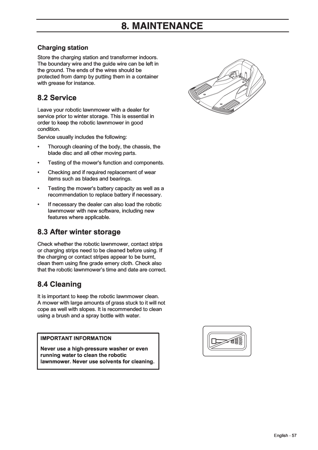 Husqvarna 305, 308 manual Service, After winter storage, Cleaning, Charging station, Maintenance, Important Information 