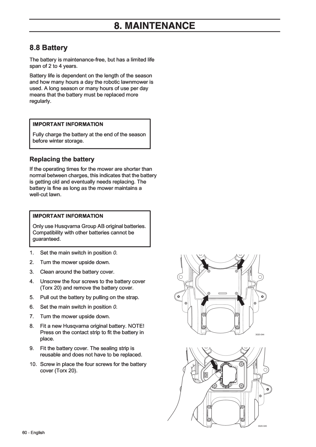 Husqvarna 308, 305 manual Battery, Replacing the battery, Maintenance, Important Information 