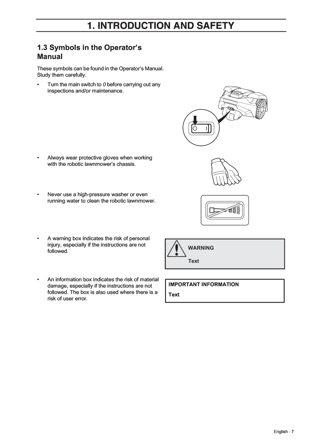 Husqvarna 305, 308 manual Symbols in the Operator’s Manual, Text IMPORTANT INFORMATION Text, Introduction And Safety 