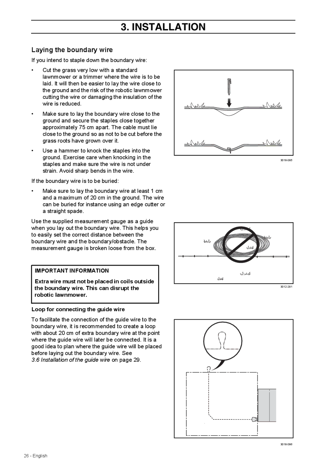 Husqvarna 308 manual Laying the boundary wire, Installation of the guide wire on 