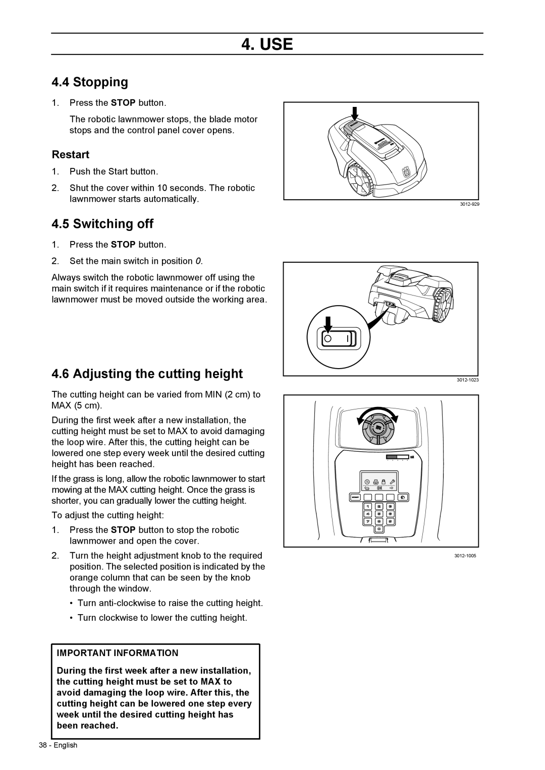 Husqvarna 308 manual Stopping, Switching off, Adjusting the cutting height, Restart 