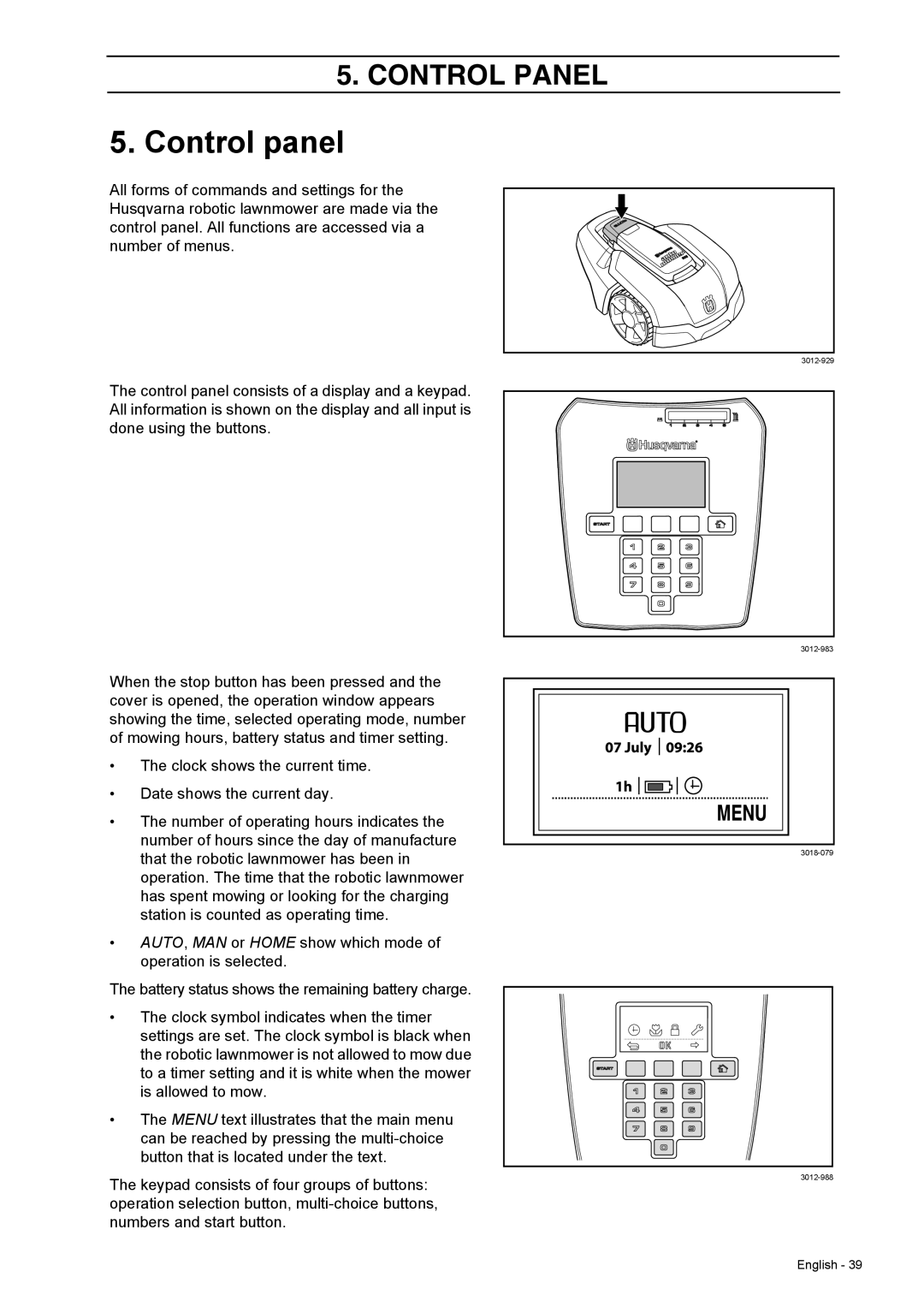 Husqvarna 308 manual Control panel 