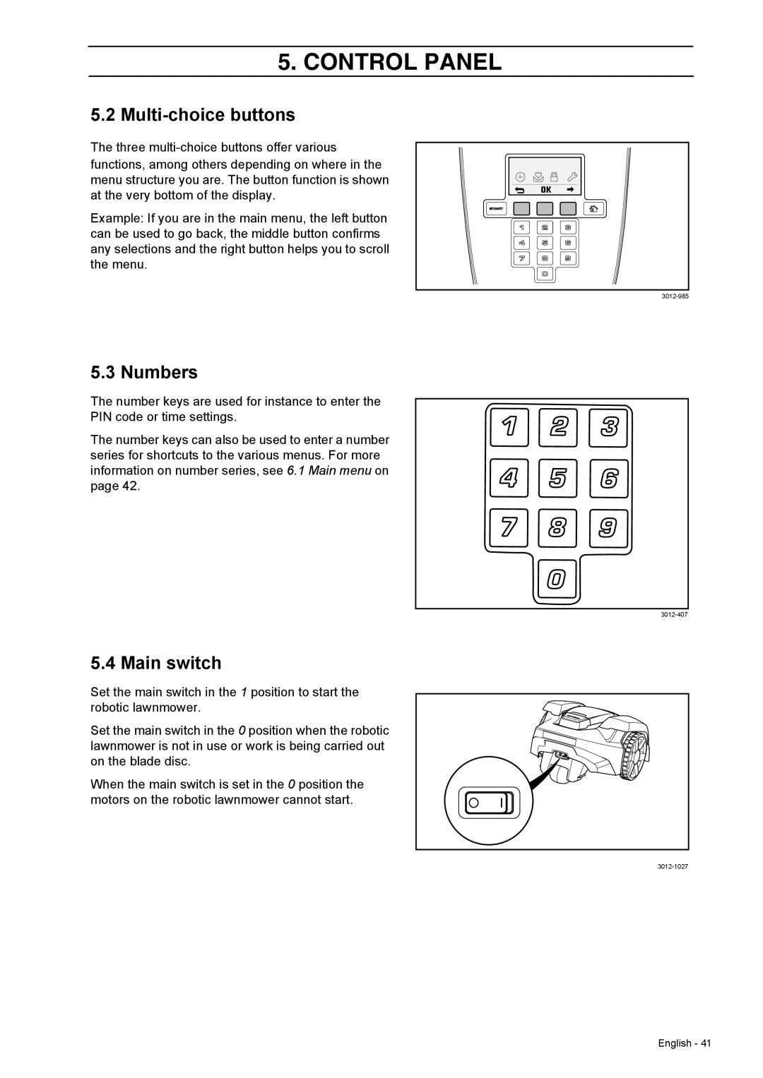 Husqvarna 308 manual Multi-choice buttons, Numbers, Main switch 