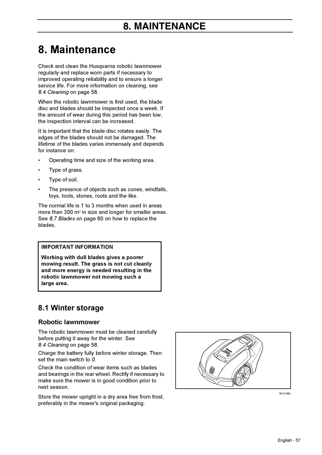 Husqvarna 308 manual Maintenance, Winter storage, Robotic lawnmower, Cleaning on 