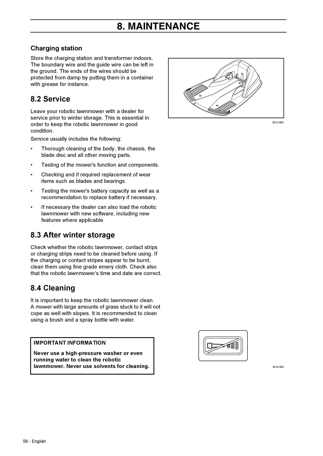 Husqvarna 308 manual Service, After winter storage, Cleaning, Charging station 