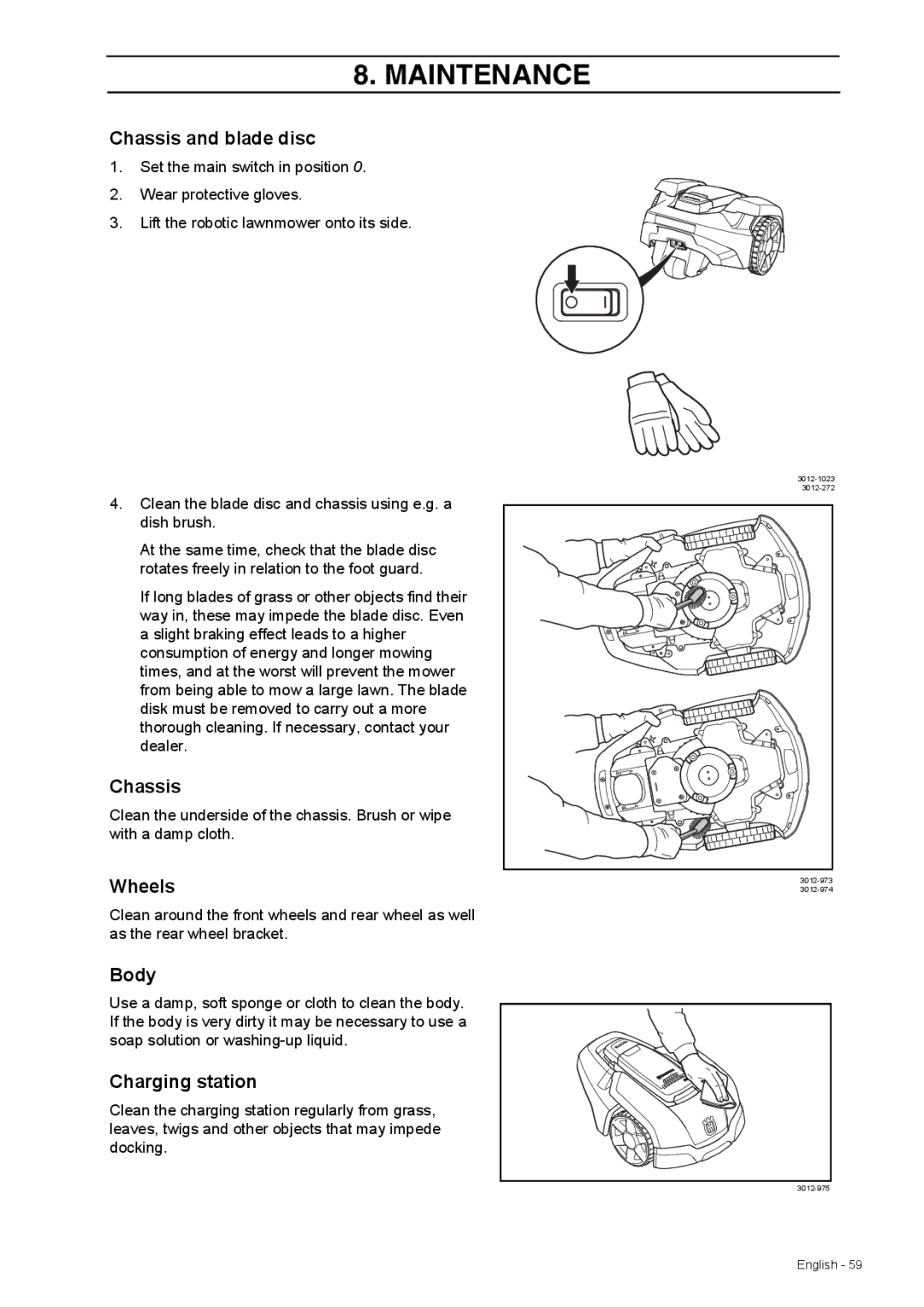 Husqvarna 308 manual Chassis and blade disc, Wheels, Body 