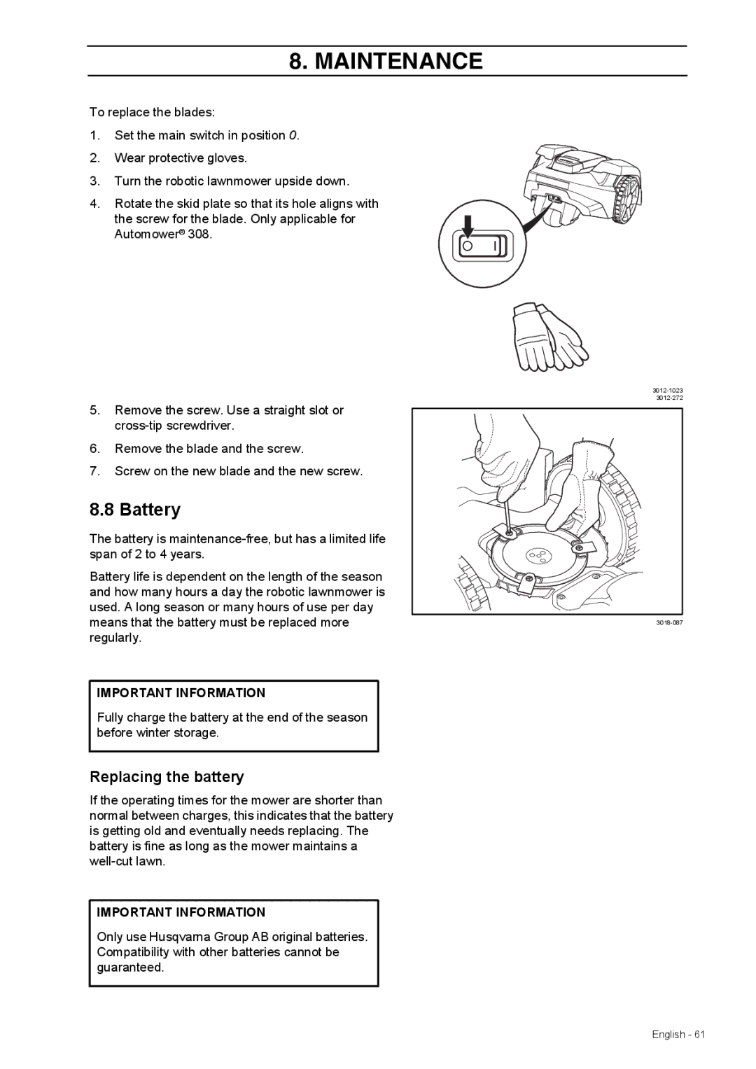 Husqvarna 308 manual Battery, Replacing the battery 