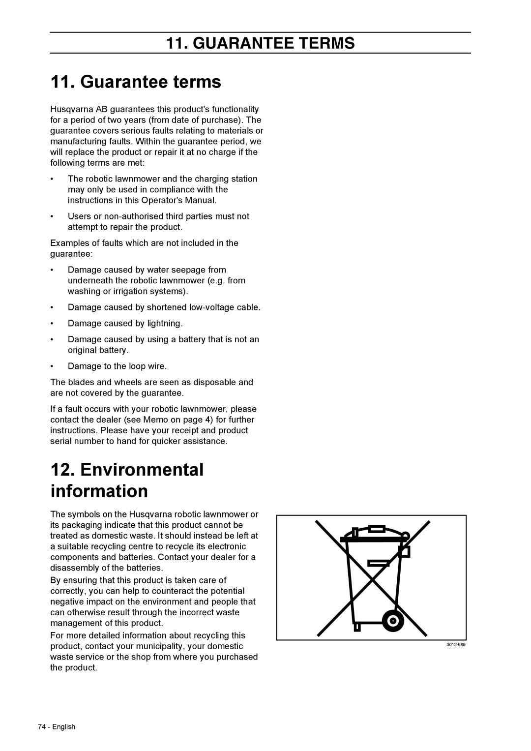 Husqvarna 308 manual Guarantee terms, Environmental information 