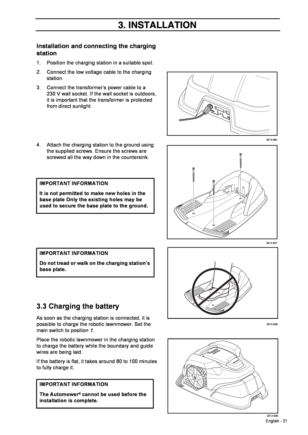 Husqvarna 308 manual Charging the battery, Installation and connecting the charging station, Important Information 