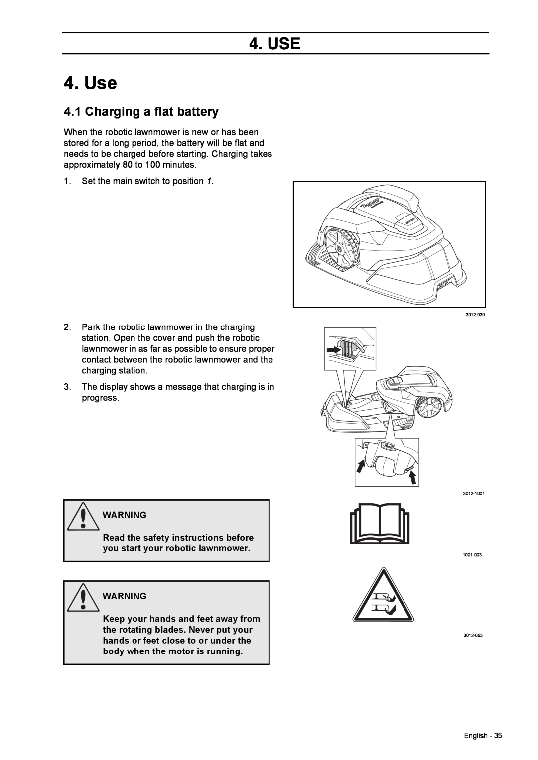 Husqvarna 308 manual Use, Charging a flat battery, Read the safety instructions before you start your robotic lawnmower 