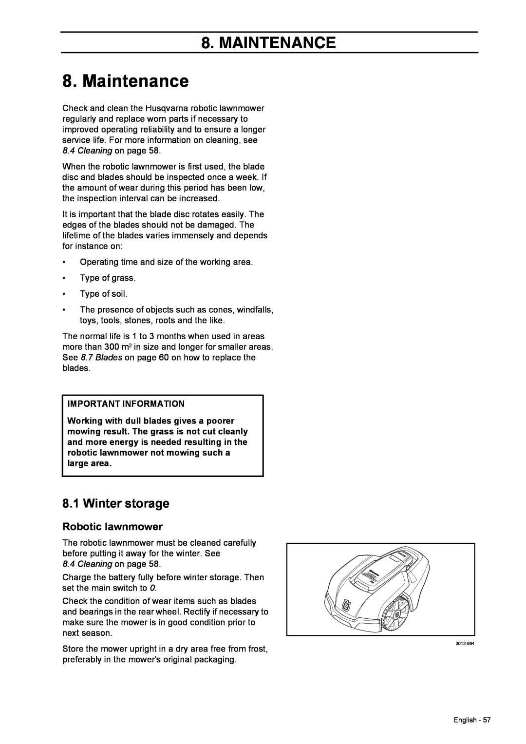 Husqvarna 308 manual Maintenance, Winter storage, Robotic lawnmower, Important Information 