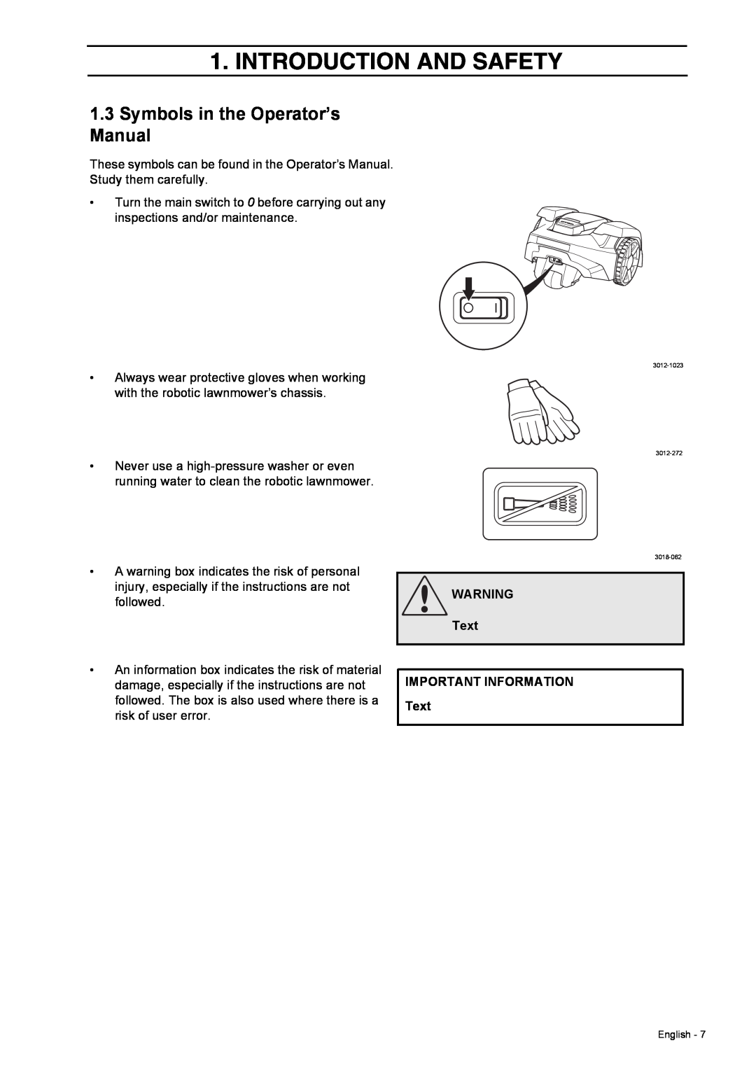 Husqvarna 308 manual Symbols in the Operator’s Manual, Text IMPORTANT INFORMATION Text, Introduction And Safety 