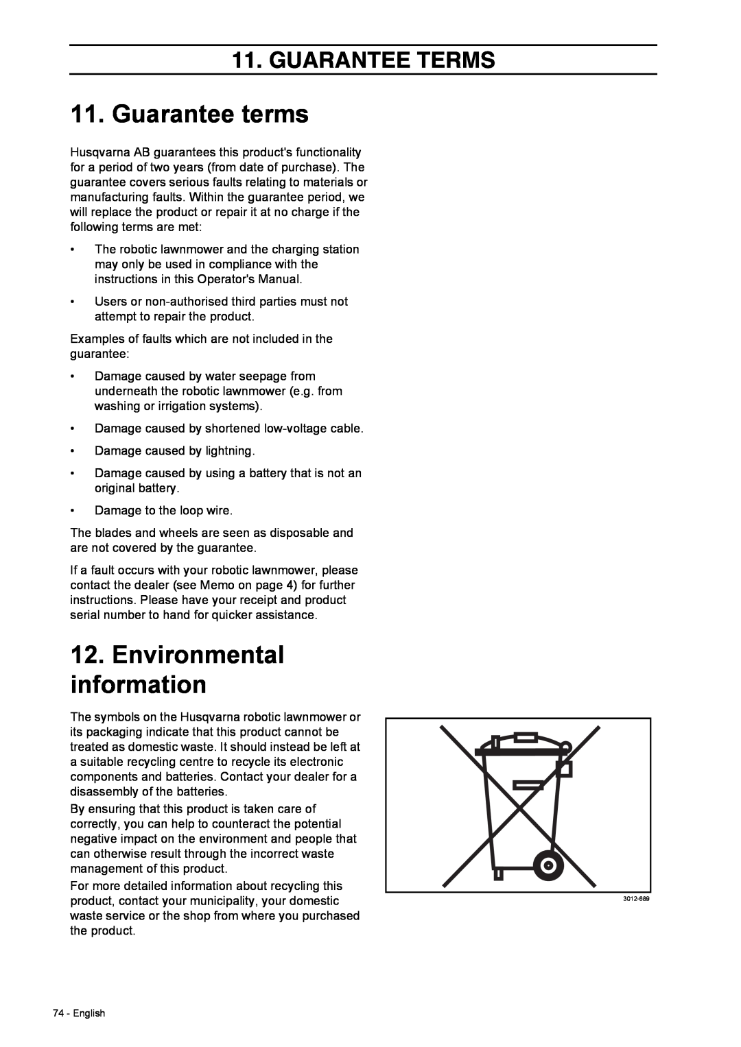 Husqvarna 308 manual Guarantee terms, Guarantee Terms, Environmental information 
