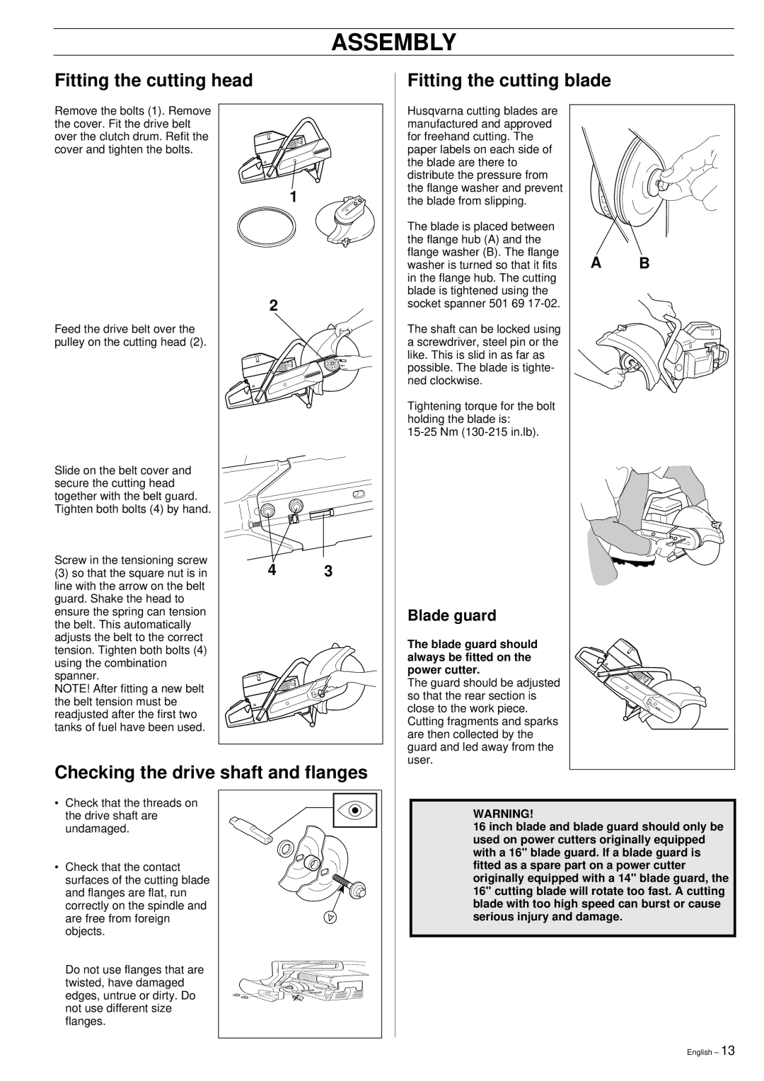 Husqvarna 3120K manual Assembly, Fitting the cutting head, Checking the drive shaft and flanges, Blade guard 