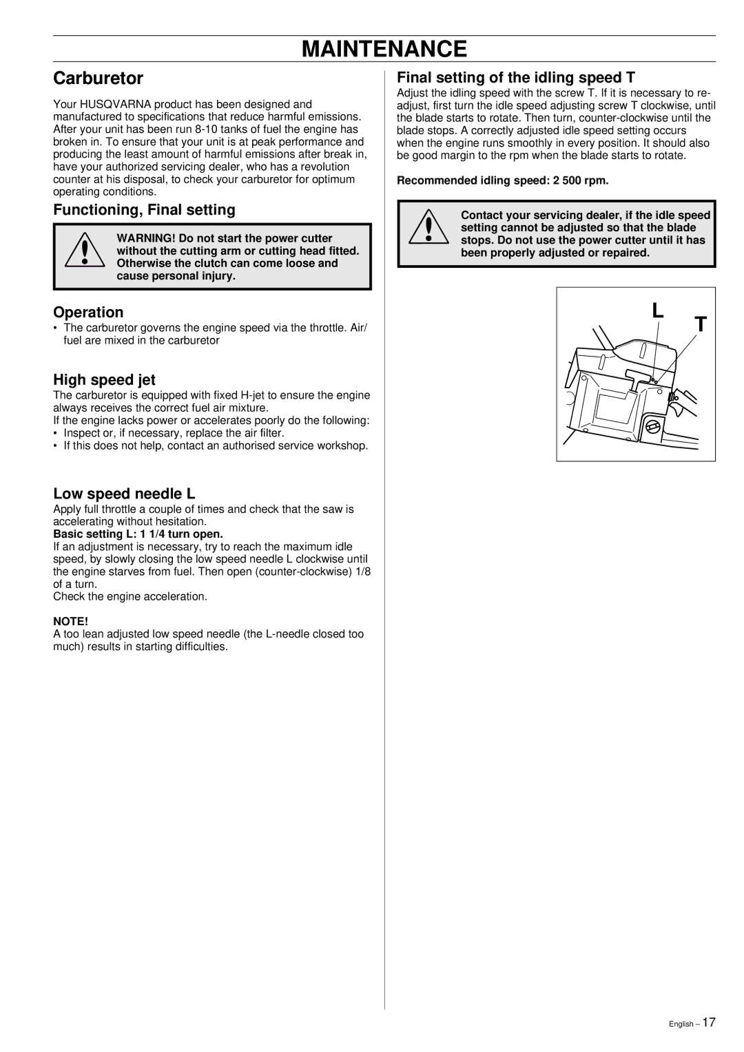 Husqvarna 3120K manual Carburetor, Functioning, Final setting Operation, High speed jet, Low speed needle L 