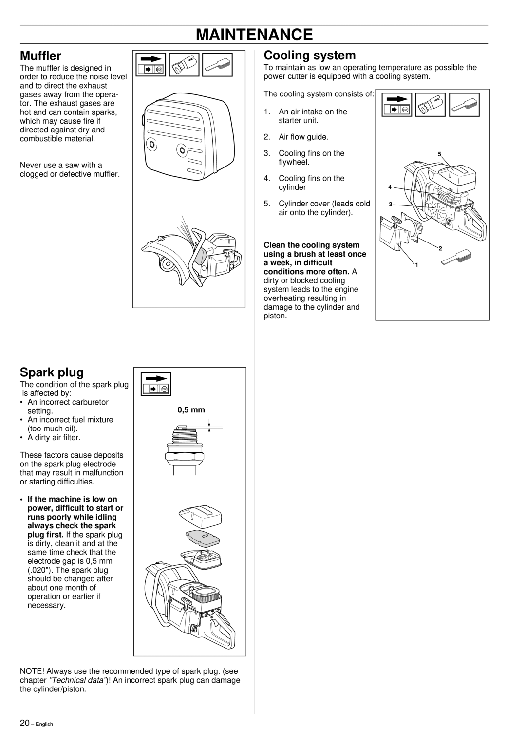 Husqvarna 3120K manual Muffler, Cooling system, Spark plug 