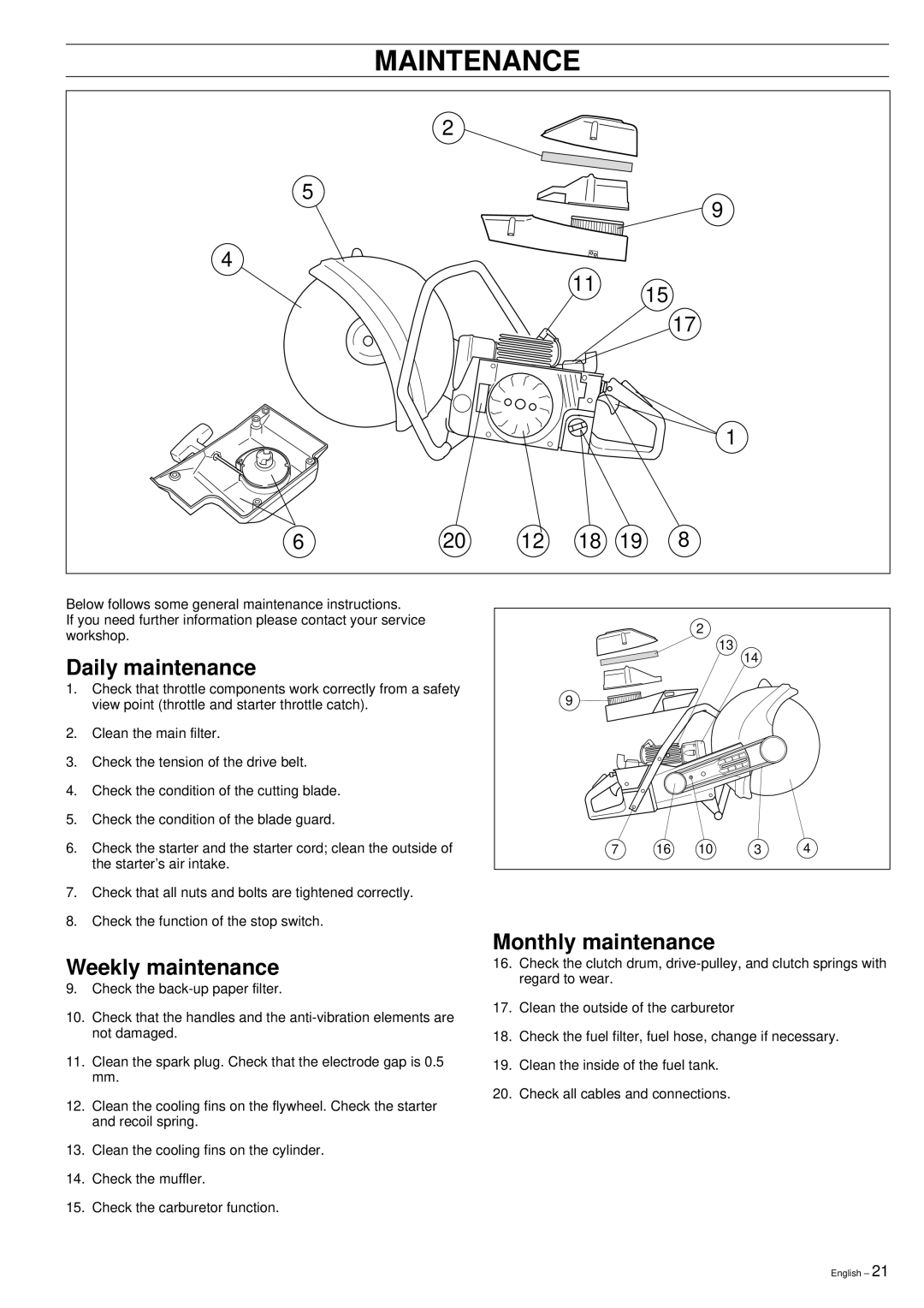 Husqvarna 3120K manual Daily maintenance, Weekly maintenance, Monthly maintenance 