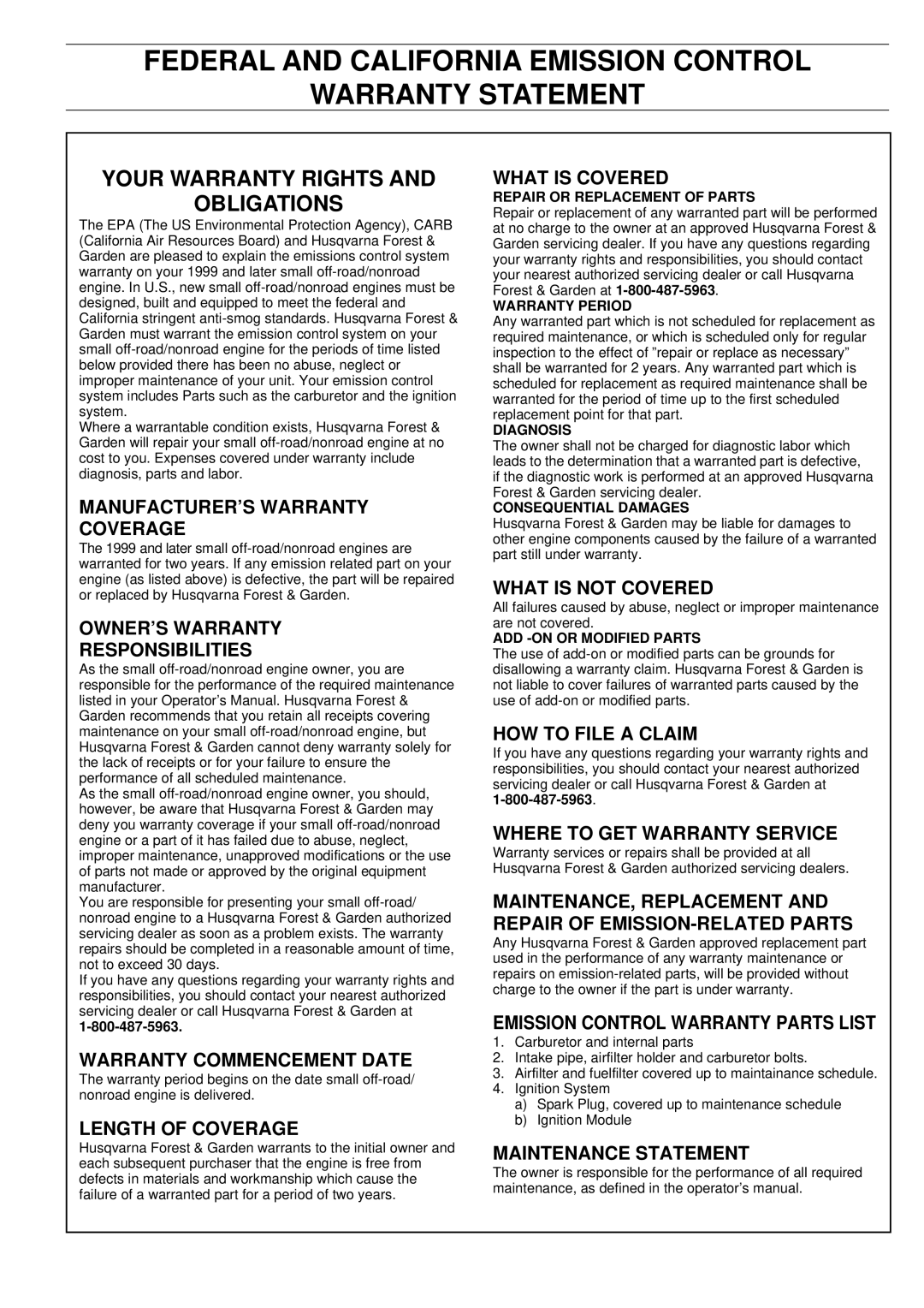 Husqvarna 3120K manual Federal and California Emission Control Warranty Statement, Your Warranty Rights Obligations 