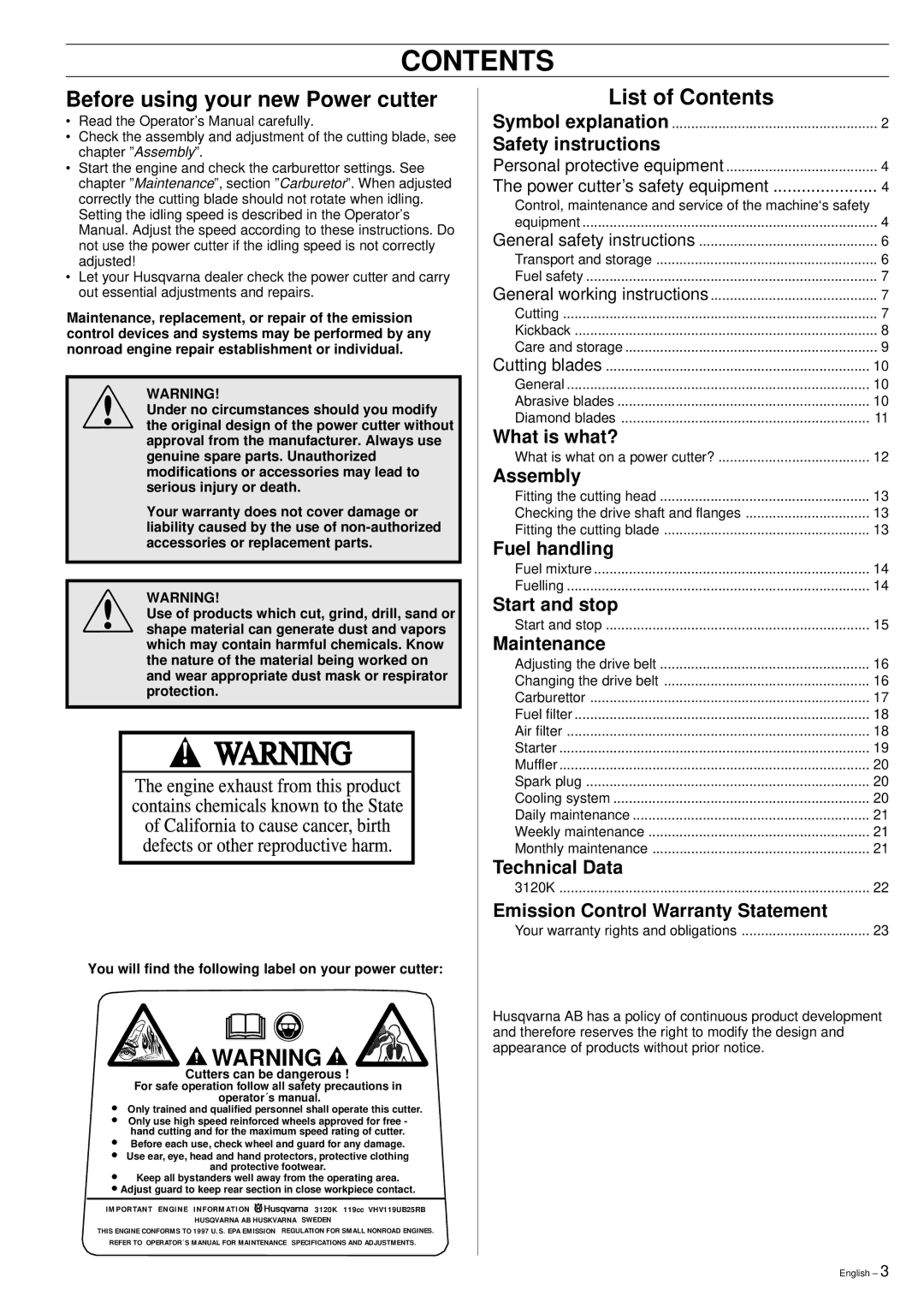 Husqvarna 3120K manual Contents 