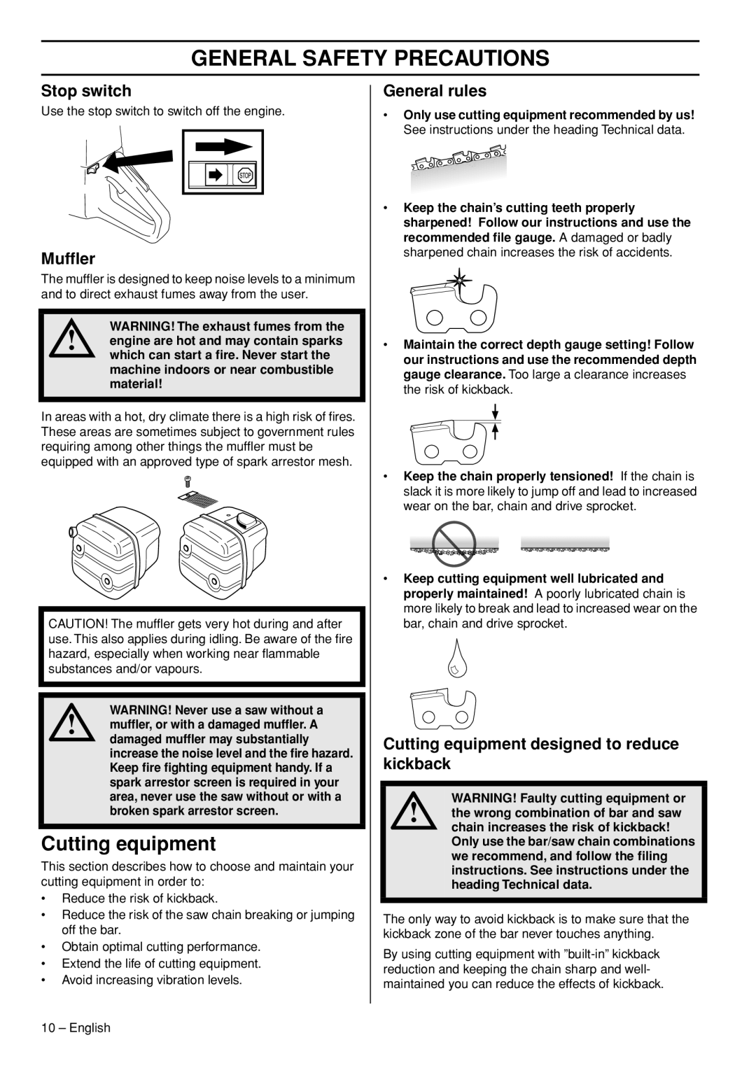 Husqvarna 3120XP manual Stop switch, Mufﬂer, General rules, Cutting equipment designed to reduce kickback 