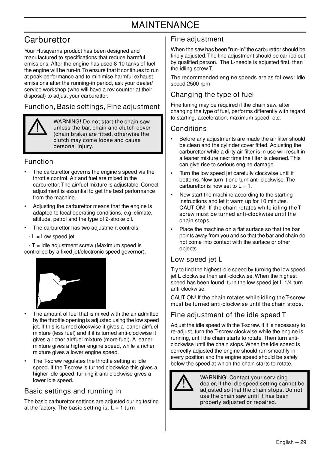 Husqvarna 3120XP manual Maintenance, Carburettor 