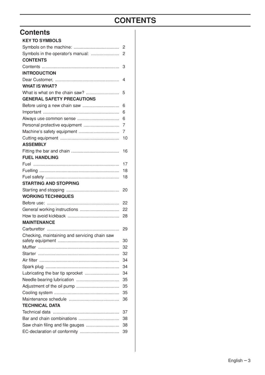 Husqvarna 3120XP manual Contents 