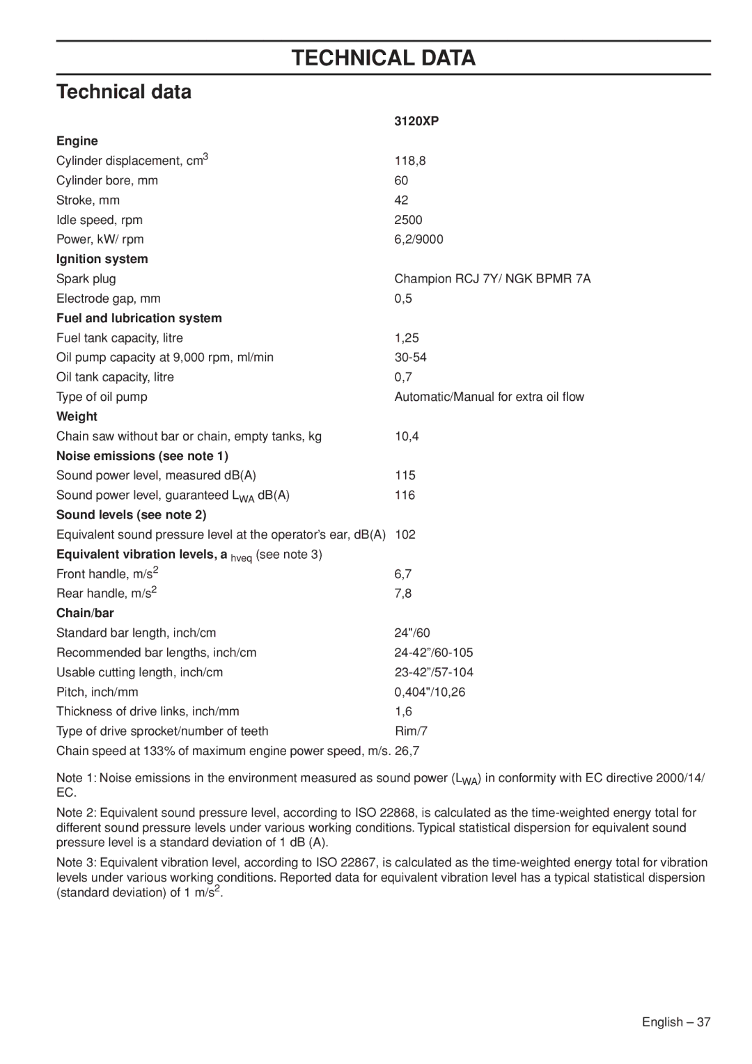 Husqvarna 3120XP manual Technical Data, Technical data 