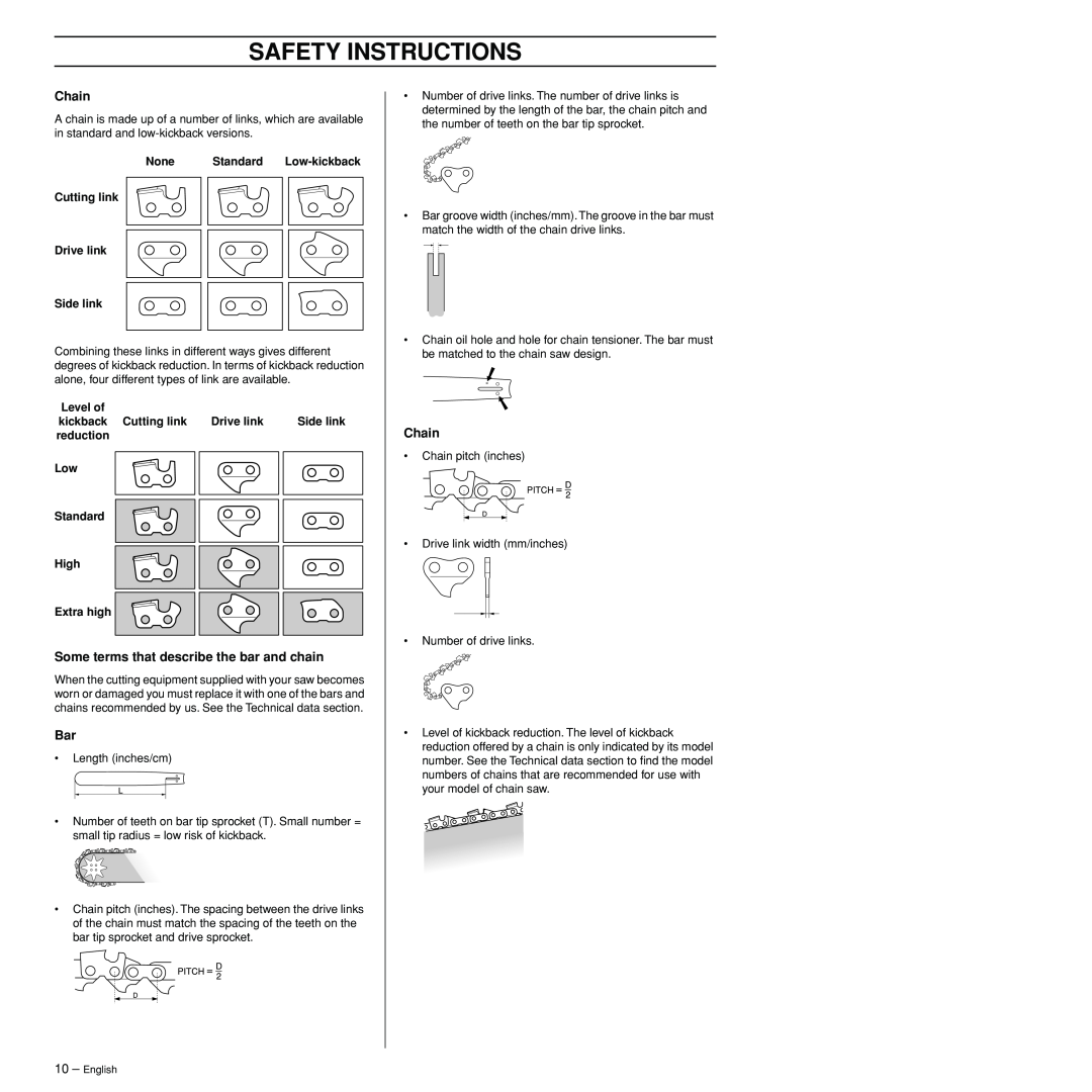 Husqvarna 3120XP manual Chain, Some terms that describe the bar and chain, Safety Instructions 