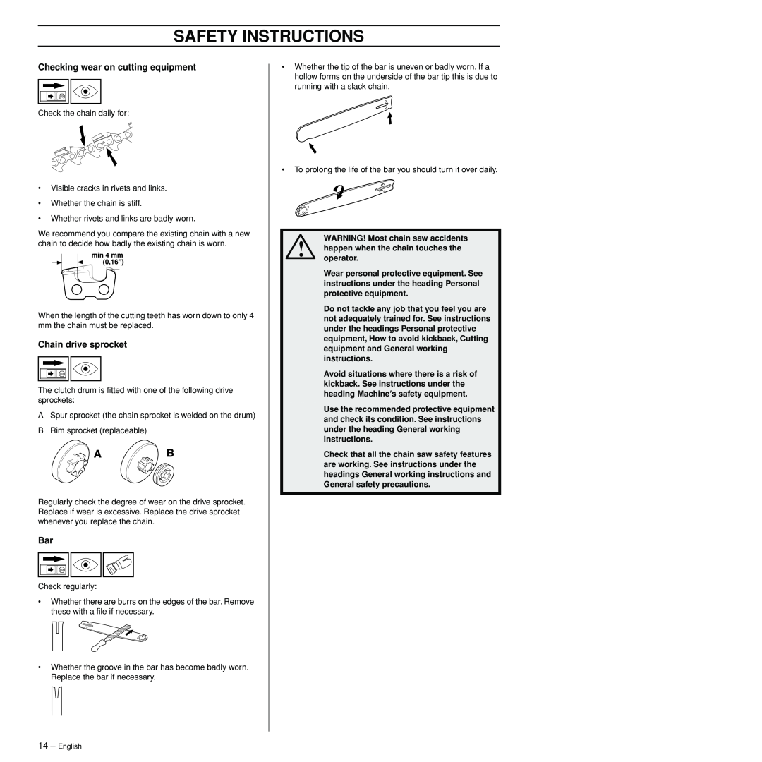 Husqvarna 3120XP manual Checking wear on cutting equipment, Chain drive sprocket, Safety Instructions 