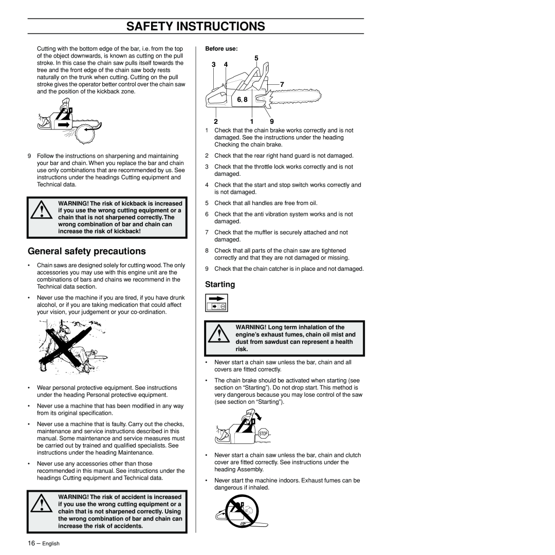 Husqvarna 3120XP manual General safety precautions, Starting, Safety Instructions 