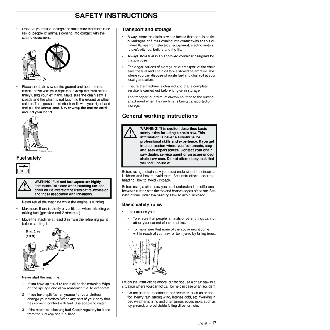 Husqvarna 3120XP General working instructions, Fuel safety, Transport and storage, Basic safety rules, Safety Instructions 