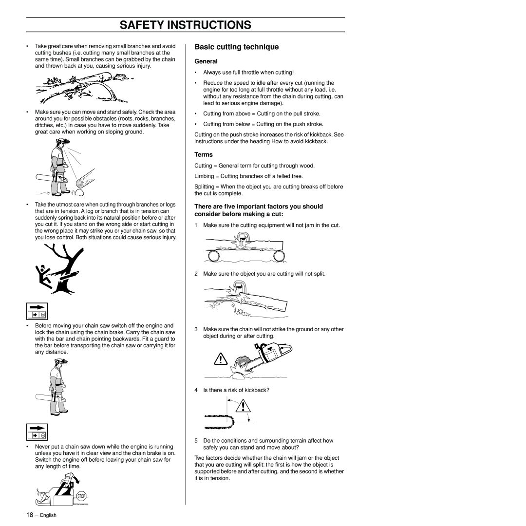 Husqvarna 3120XP manual Basic cutting technique, General, Terms, Safety Instructions 