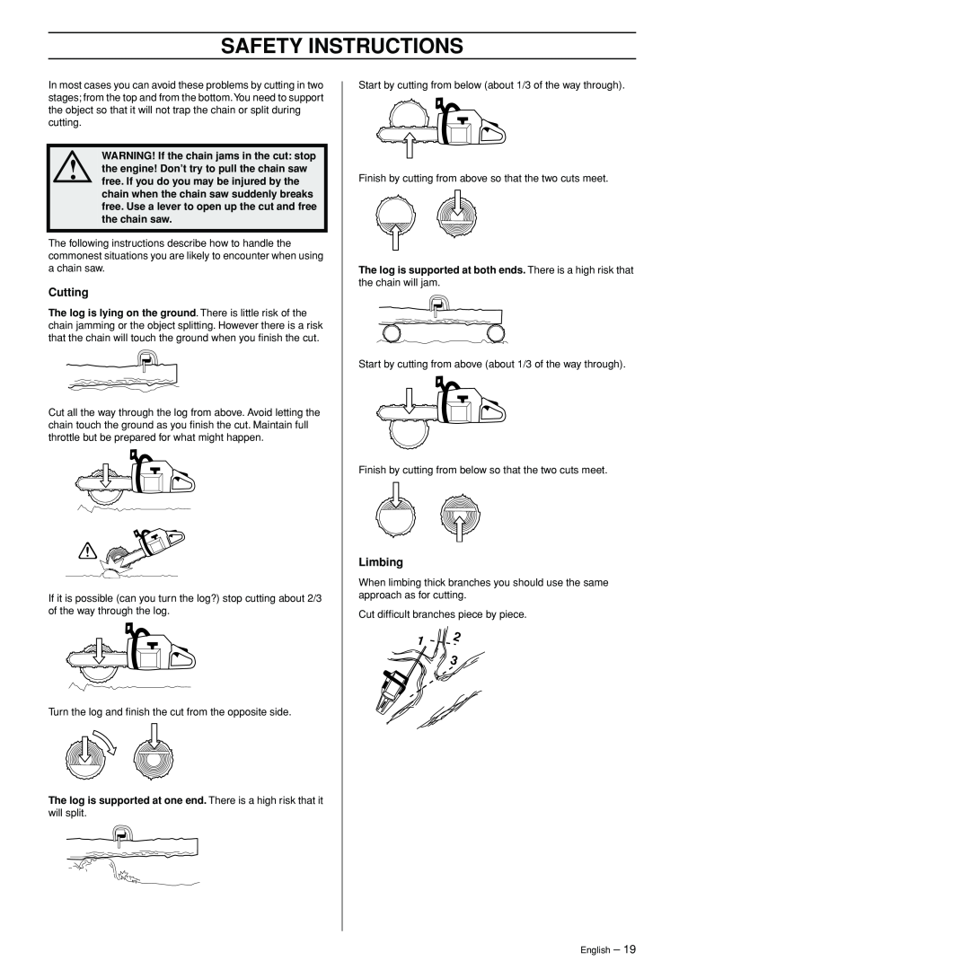 Husqvarna 3120XP manual 12 3, Cutting, Limbing, Safety Instructions 