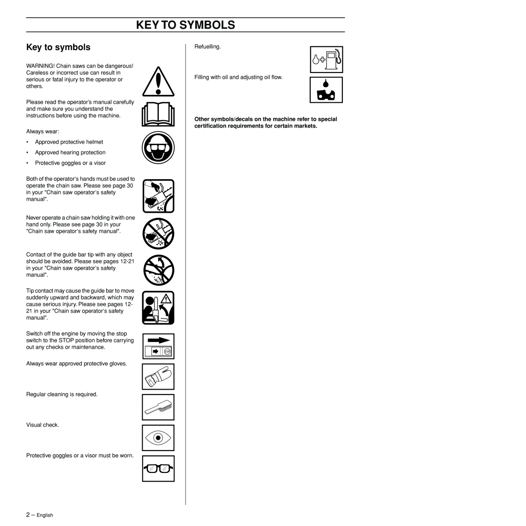 Husqvarna 3120XP manual Key To Symbols, Key to symbols 