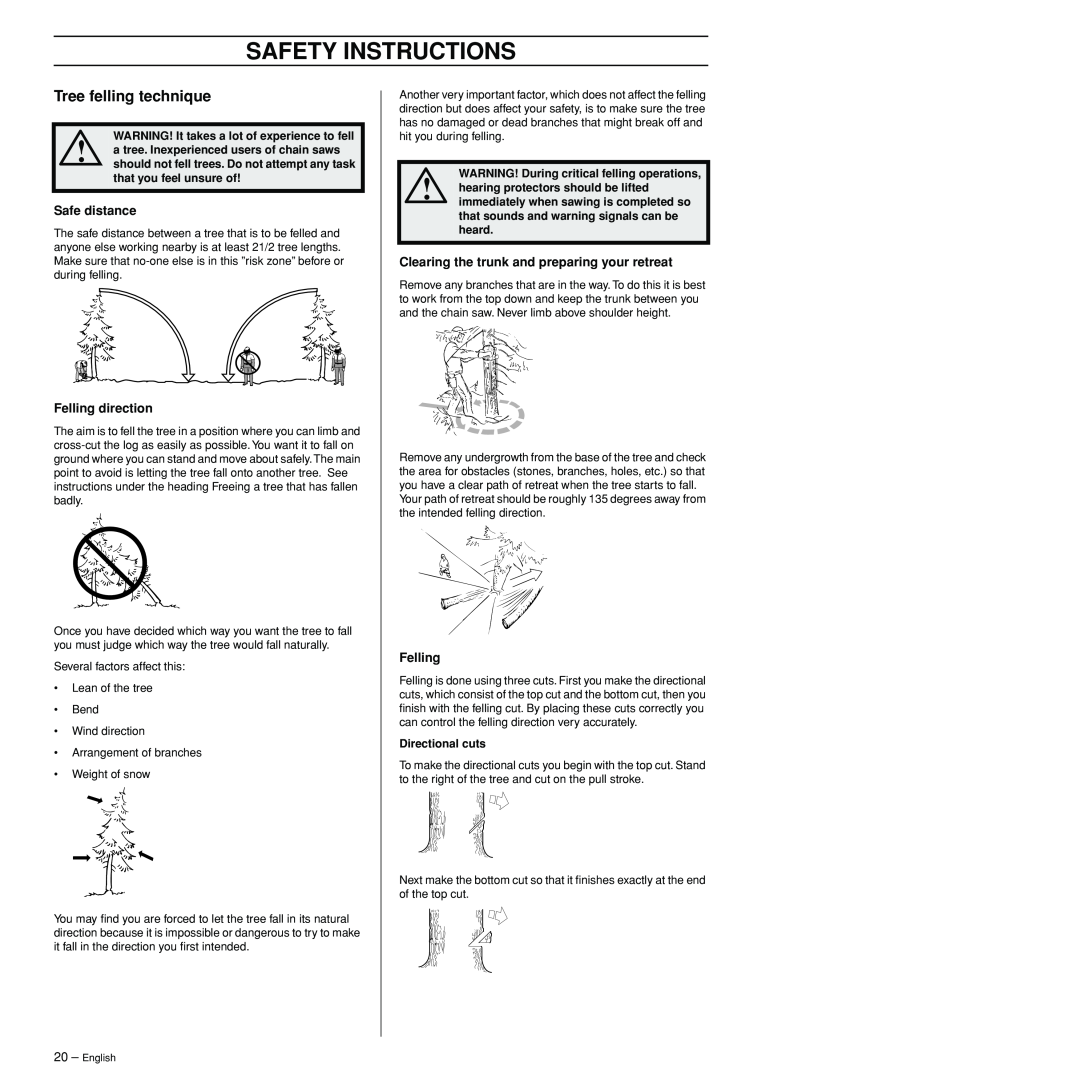 Husqvarna 3120XP Tree felling technique, Safe distance, Felling direction, Clearing the trunk and preparing your retreat 