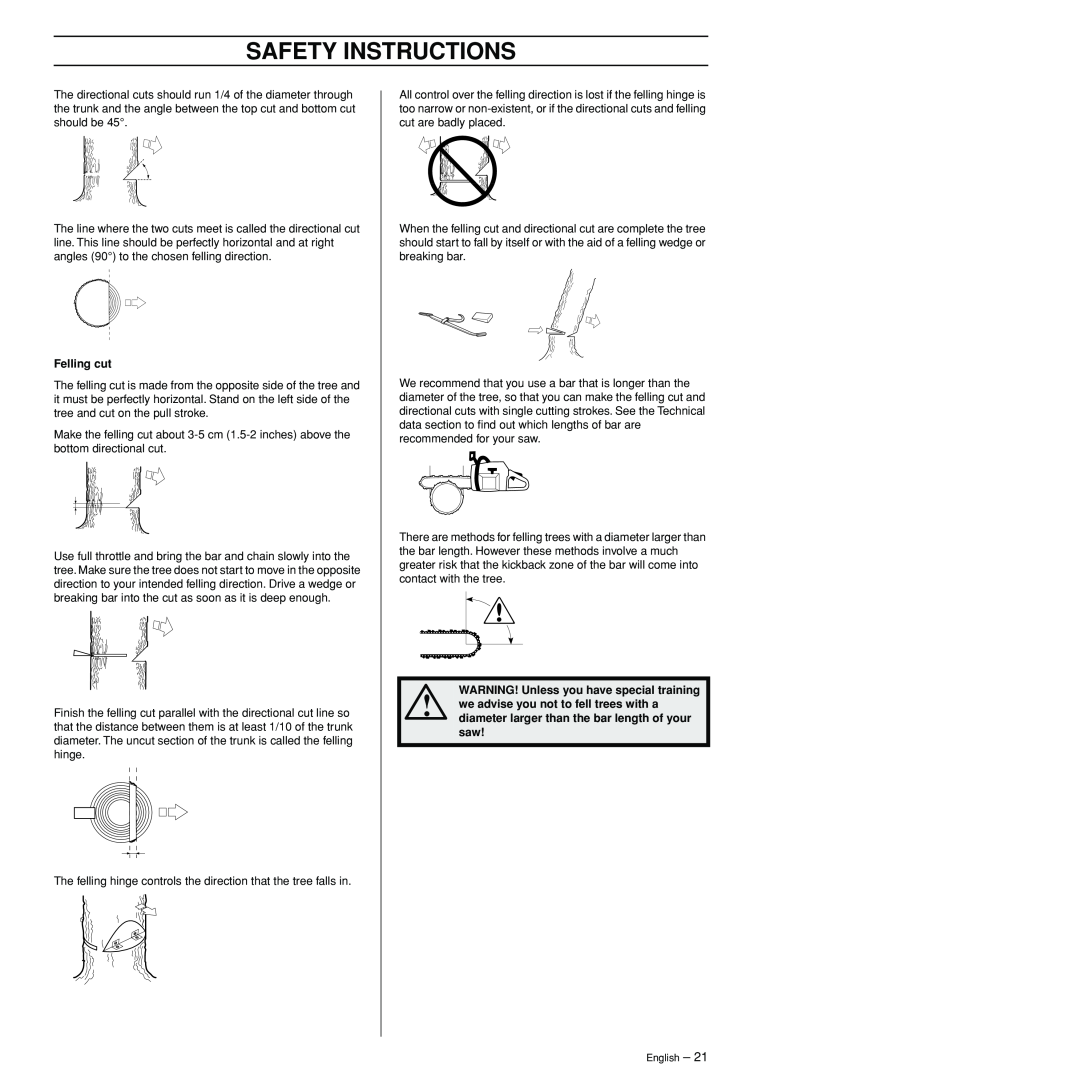 Husqvarna 3120XP manual Safety Instructions, Felling cut, WARNING! Unless you have special training, English 